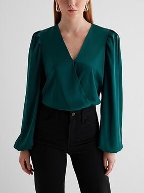 Express Satin Balloon Sleeve Faux Wrap Front Bodysuit XSmall NWT